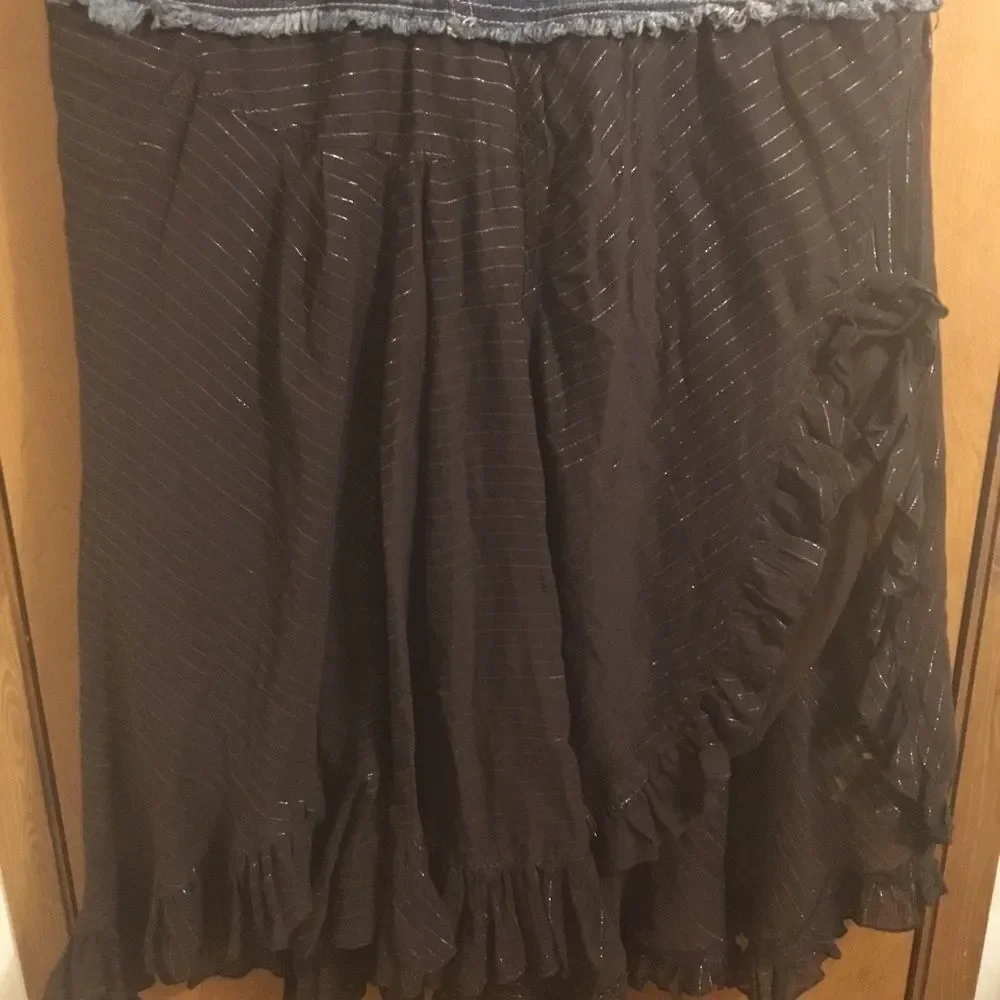 Candies 2000s Denim and Dark Wash Brown Striped Ruffle Y2K Tier Midi Skirt 11